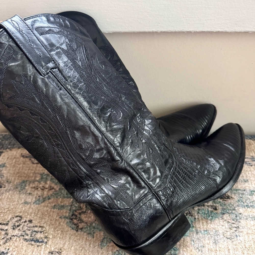 Vintage Dan Post Black Black Leather/ Lizard Western Cowboy Boots size 11 Men’s - Picture 9 of 12